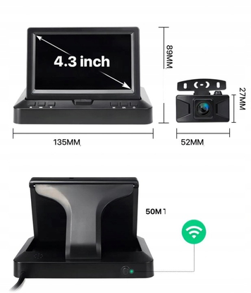 Bezprzewodowy Zestaw Cofania KOPIER WiFi AHD Monitor 4,3" Zamykany + Kamera HD