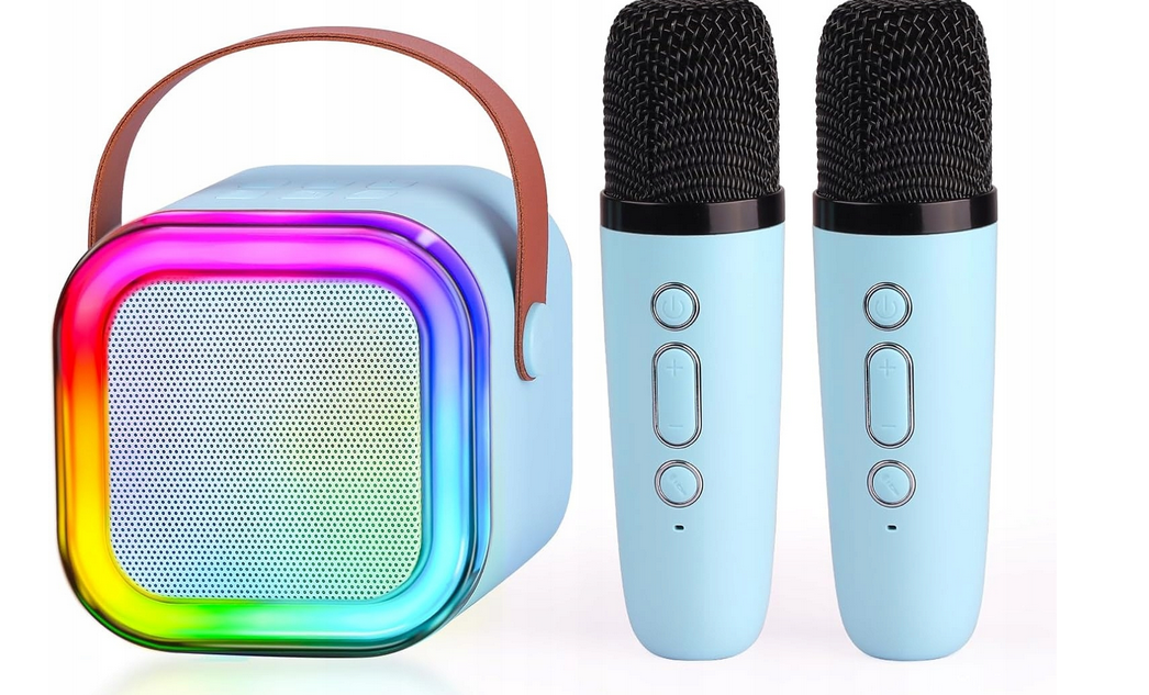 GŁOŚNIK PRZENOŚNY ZESTAW DO KARAOKE RGB BLUETOOTH 2 MIKROFONY USB MINI JACK