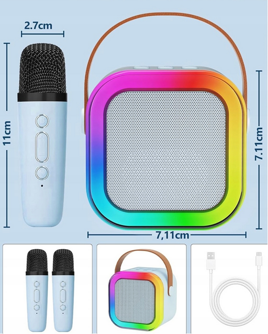 GŁOŚNIK PRZENOŚNY ZESTAW DO KARAOKE RGB BLUETOOTH 2 MIKROFONY USB MINI JACK