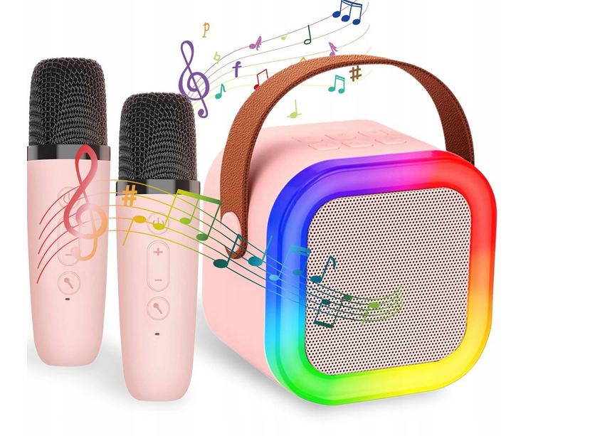 GŁOŚNIK PRZENOŚNY ZESTAW DO KARAOKE RGB BLUETOOTH 2 MIKROFONY USB MINI JACK