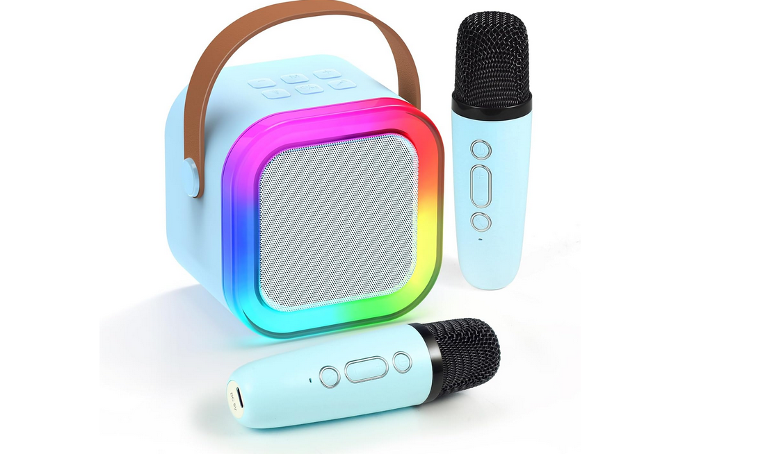 GŁOŚNIK PRZENOŚNY ZESTAW DO KARAOKE RGB BLUETOOTH 2 MIKROFONY USB MINI JACK