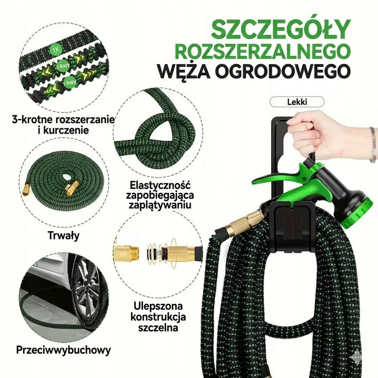 Wąż Ogrodowy KOPIER Elastyczny Rozciągliwy do 15m + Złączki + Pistolet